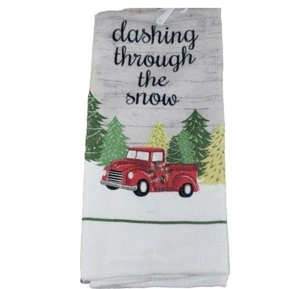 Dashing Thru The Snow Red Truck Hand Kitchen Christmas Towel ‎ NEW